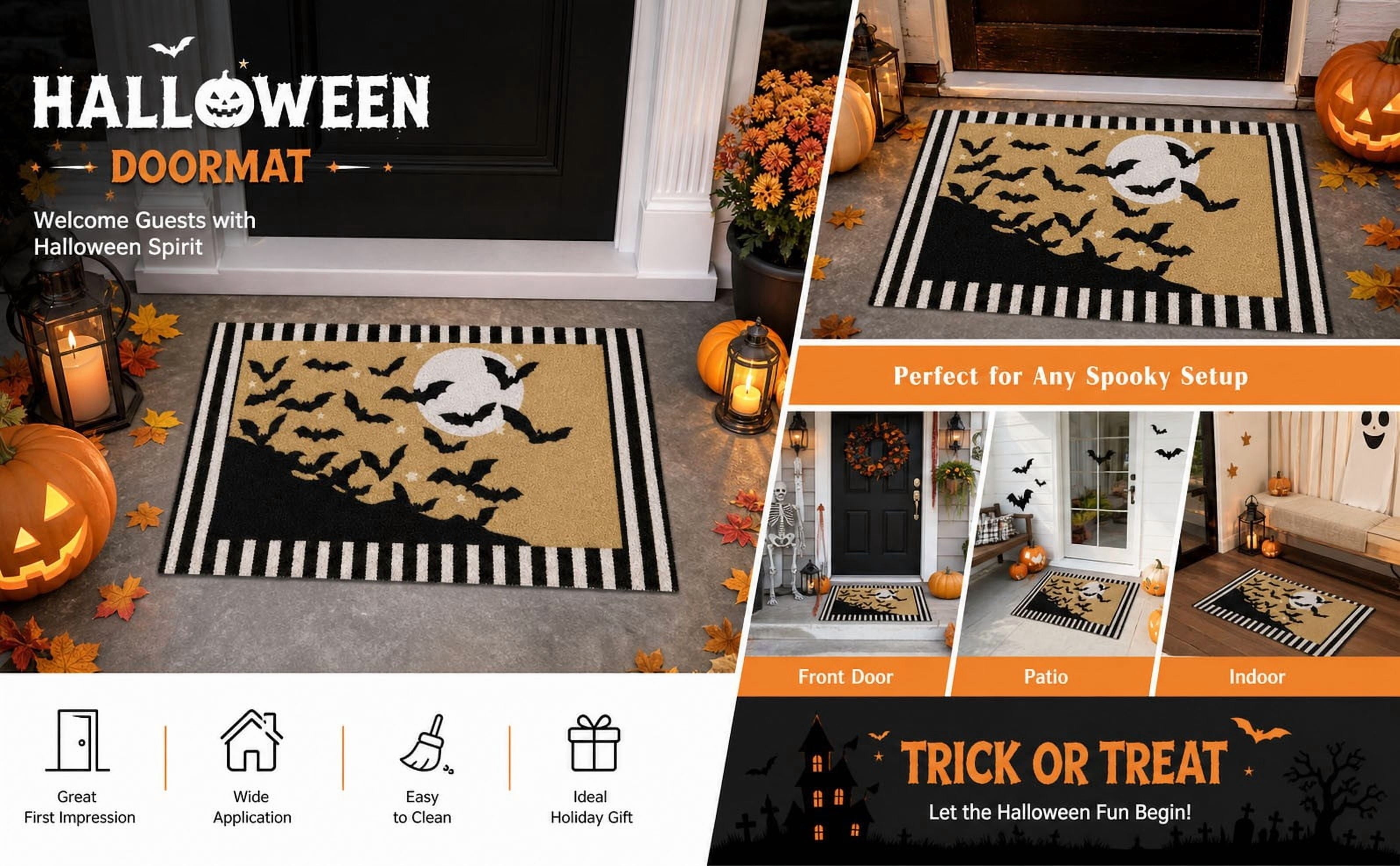 Dpityserensio Halloween Doormat Black Bat and Moon with Striped Border Non-Slip Washable Indoor Outdoor Rug, Vintage Fall Decor