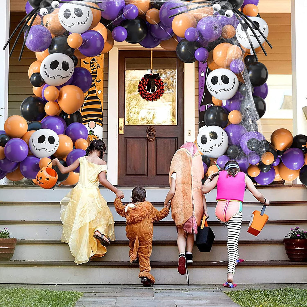 134Pcs Halloween Balloons Garland Kit, Black Orange Balloons Spider Balloons, Long Balloons, 3D Bat Sticker for Halloween Theme Party Background Classroom Decorations