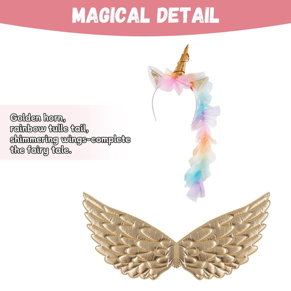 CZKHPTY Girls Rainbow Unicorn Tutu Costume Set with Headband & Wings, Kids Princess Dress Up Outfit, Sizes 9-10Y