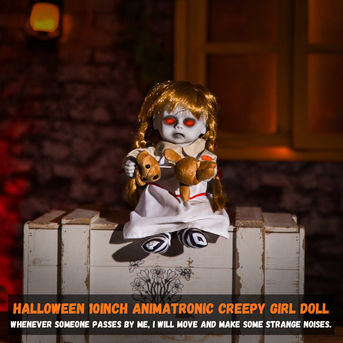 ELAMAS 10 Inch Animatronic Creepy Girl Doll Halloween Animated Decorations with Sound Activated Spooky Sound, Light Up Eyes, Scary Move, Haunted House Holiday Decor Horror Prop for Indoor, Outdoor