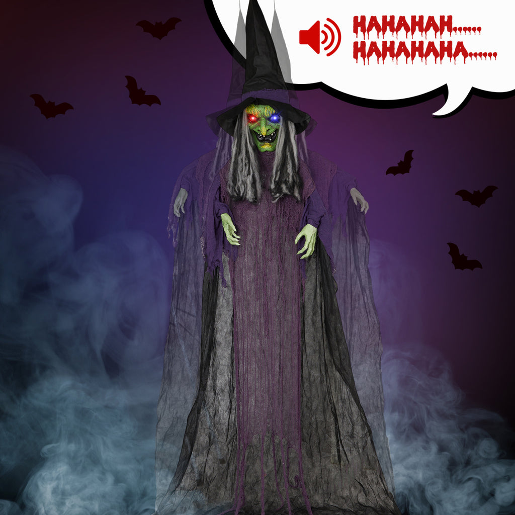 11.8ft Halloween Animatronics Hanging Witch Outdoor Decoration, Sound Animated Talking Witch with Light-up Eyes for Haunted House Prop Décor, Yard Lawn Decorations