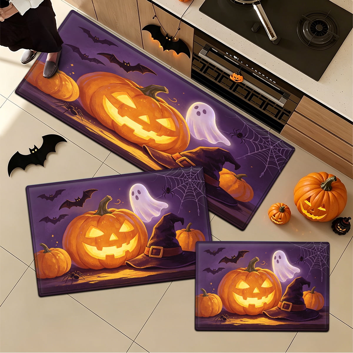 YIMEIS Halloween Pumpkin Lantern 3Pcs Flannel Mat & Kitchen Rugs Set,16''×24'' 20''×30'' 17''×47'' Inches,Soft Non-slip for Home Bathroom