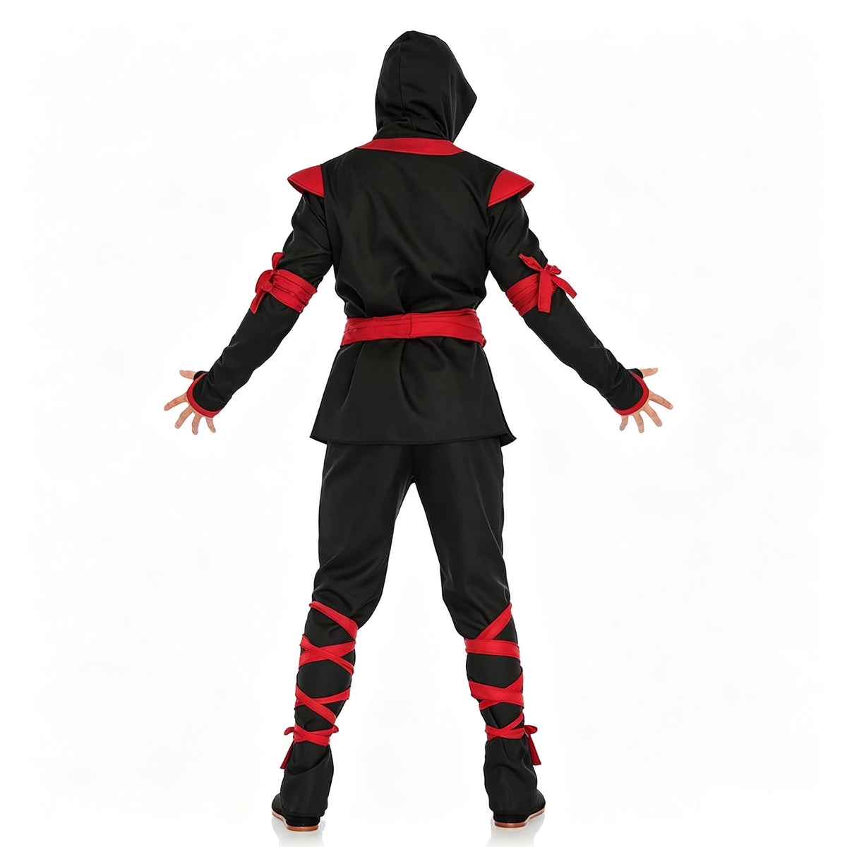 Men Ninja Costume Outfit, Complete Black‑Red Ninja Hooded Suit with Face Mask for Adult, Halloween Cosplay Theme Party Fancy Dress for Men