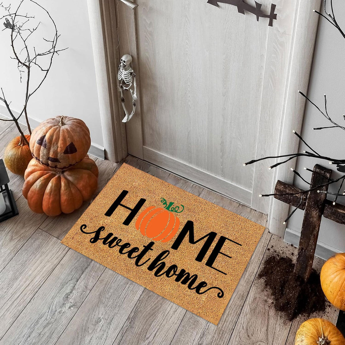 Uanit Fall Coir Doormat Welcome Pumpkins Door Mat Non-Slip Farmhouse Floor Mats Autumn Decorative Entrance Door Rugs for Halloween Thanksgiving Indoor Outdoor Bathroom Porch Decor, 15.7 x 23.6 Inch
