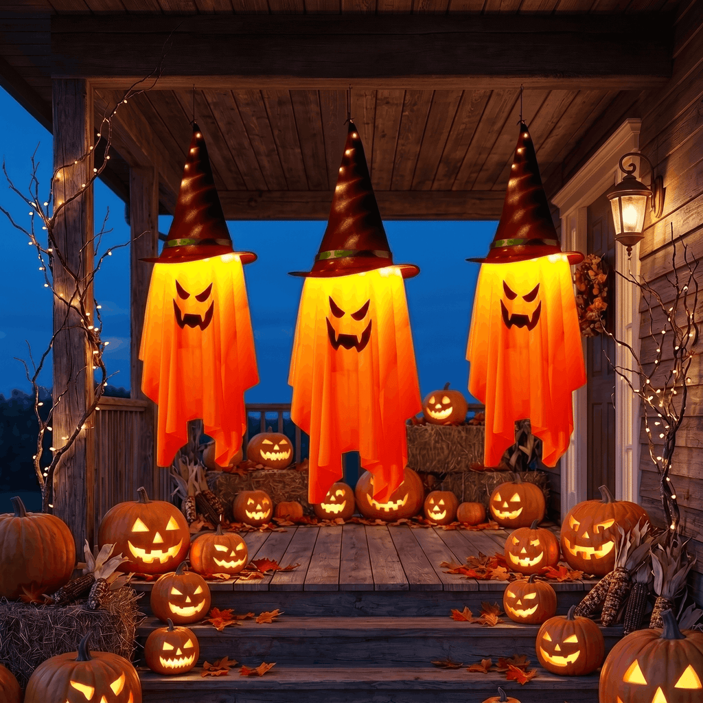 DAYBETTER 3 Pack Halloween Hanging Ghosts Light Up Decor, LED Ghost with Witch Hat Cute Lighted Ornaments for Indoor Outdoor Yard Patio Porch Tree Spooky Decor Gifts