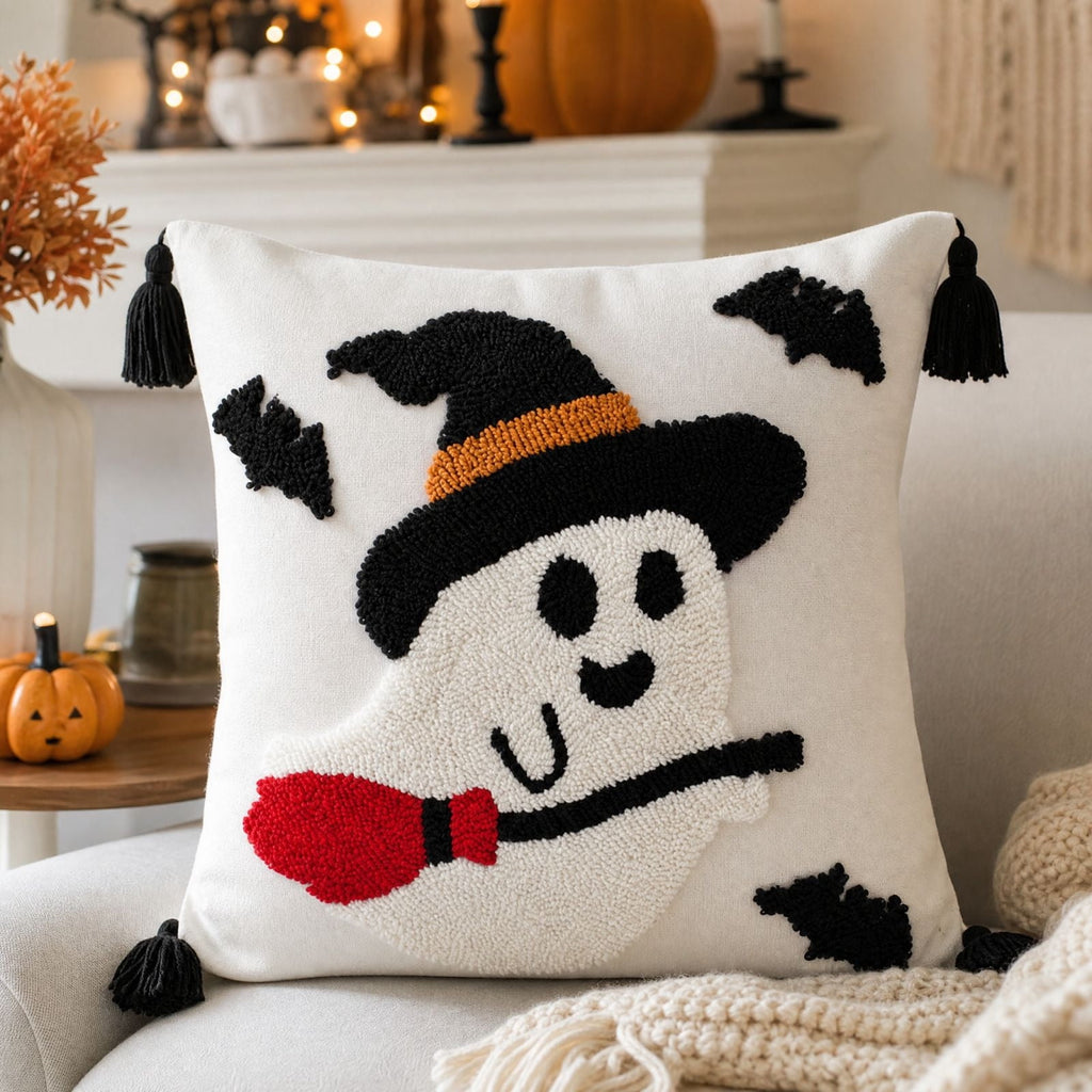Halloween Ghost Reading Book Throw Pillow Cover, Spooky Library Bookshelf Skull Candlestick Decorative Pillowcase, Retro Halloween Cushion Cover
