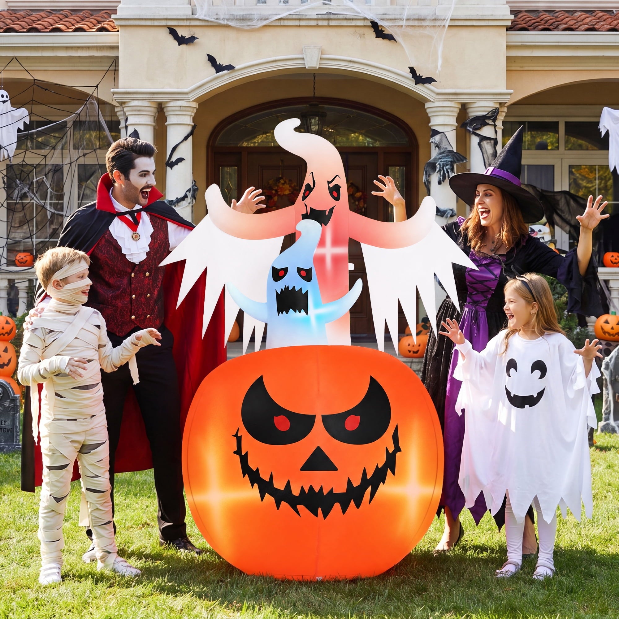 Firstness 6ft Tall Halloween Inflatable,Ghosts Pumpkin with Colorful Flashing Lights,Blow ups Halloween Outdoor Decorations