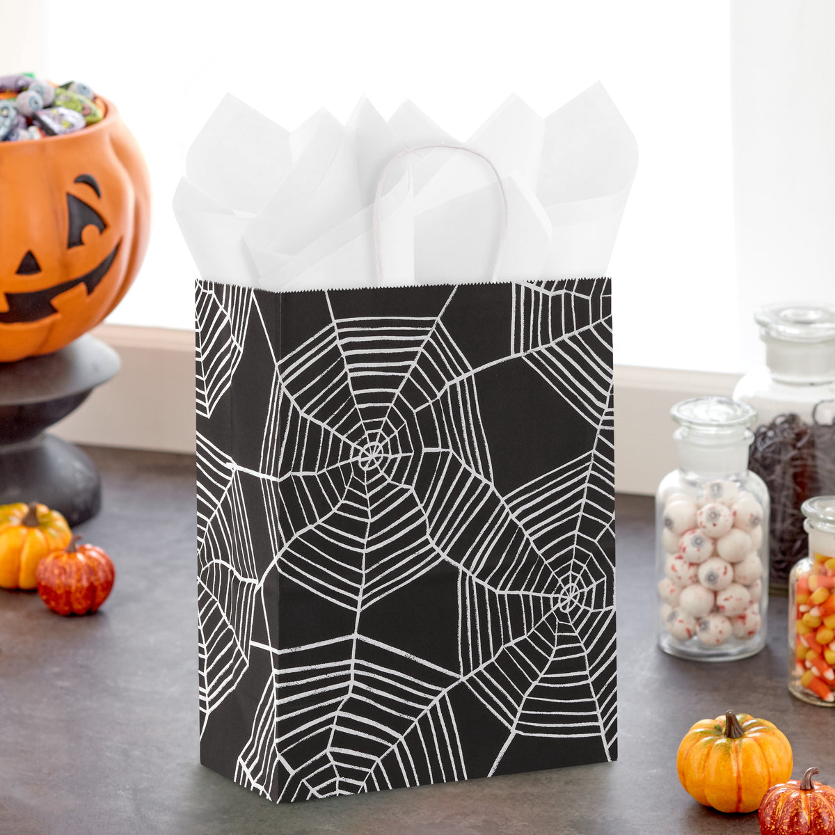 Hallmark Medium Halloween Gift Bag (Webs on Black), 1 Count