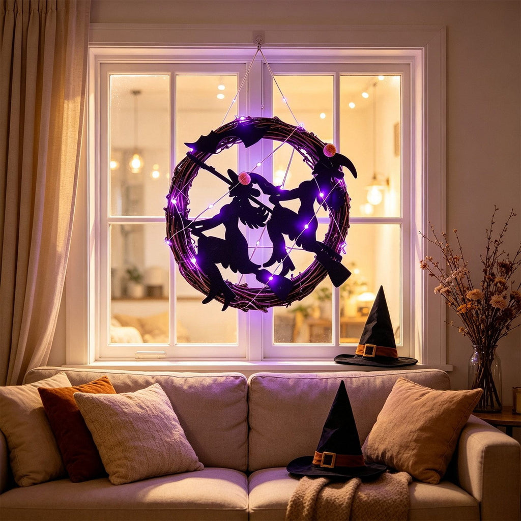 WWC Halloween Wreath, Orange LED Pumpkin and Bats Wreath, Gothic Halloween Decorations Wreath for Front Door, Indoor Outdoor Party Decor