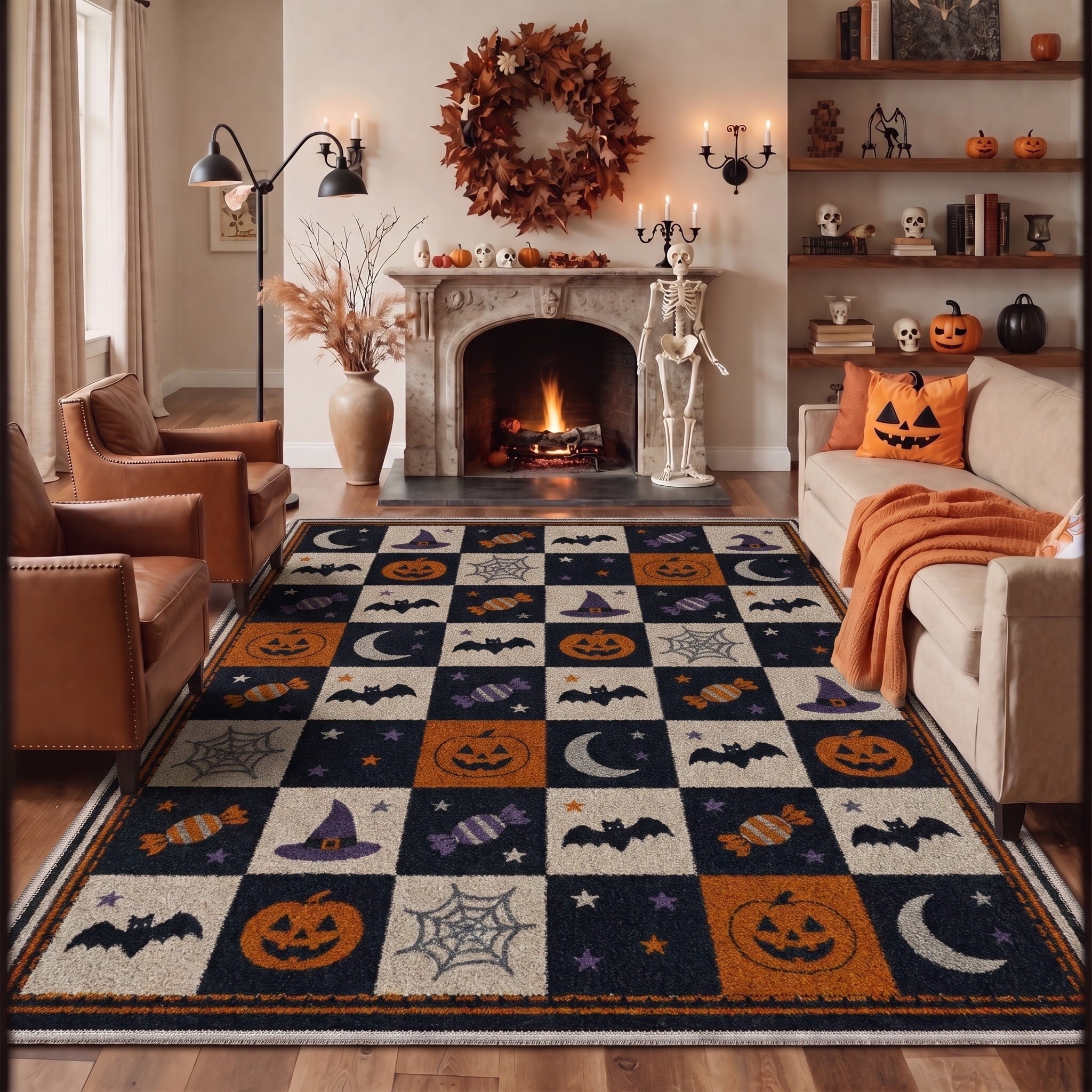 GENIMO 5'x7' Halloween Area Rug for Living Room, Washable Non Slip Soft Vintage Witch Indoor Rug for Bedroom Dining Room Home Office, Retro Sepia