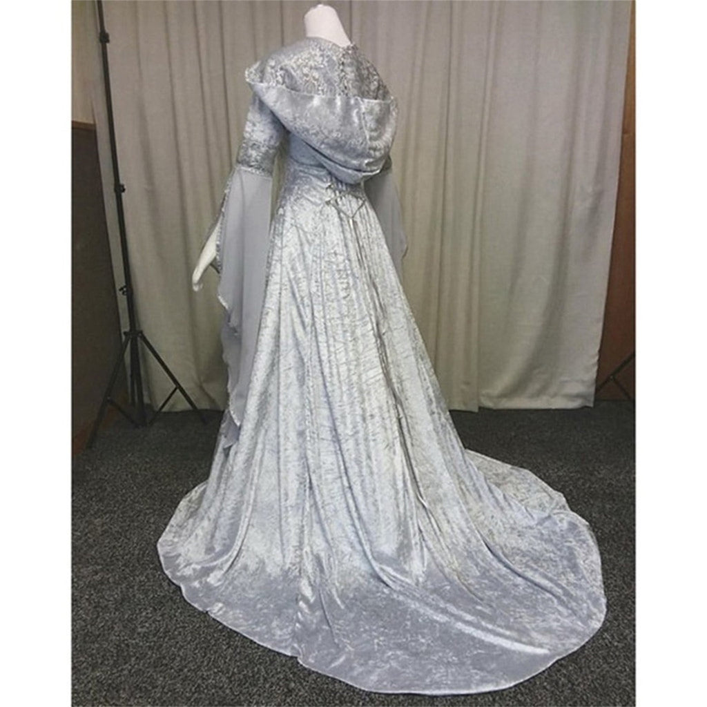 Medieval Renaissance Hooded Dress for Women, Silver Gothic Witch Costume with Lace-Up Corset, Vintage Velvet Long Sleeve Gown for Halloween Cosplay Renaissance Wedding Themed Party-Dark Blue/L