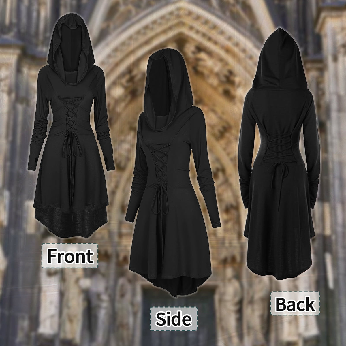 WASFDN Womens Renaissance Costumes Hooded Robe Lace Up Renaissance Dress Women Halloween Vintage Medieval Cloak(Green,L)