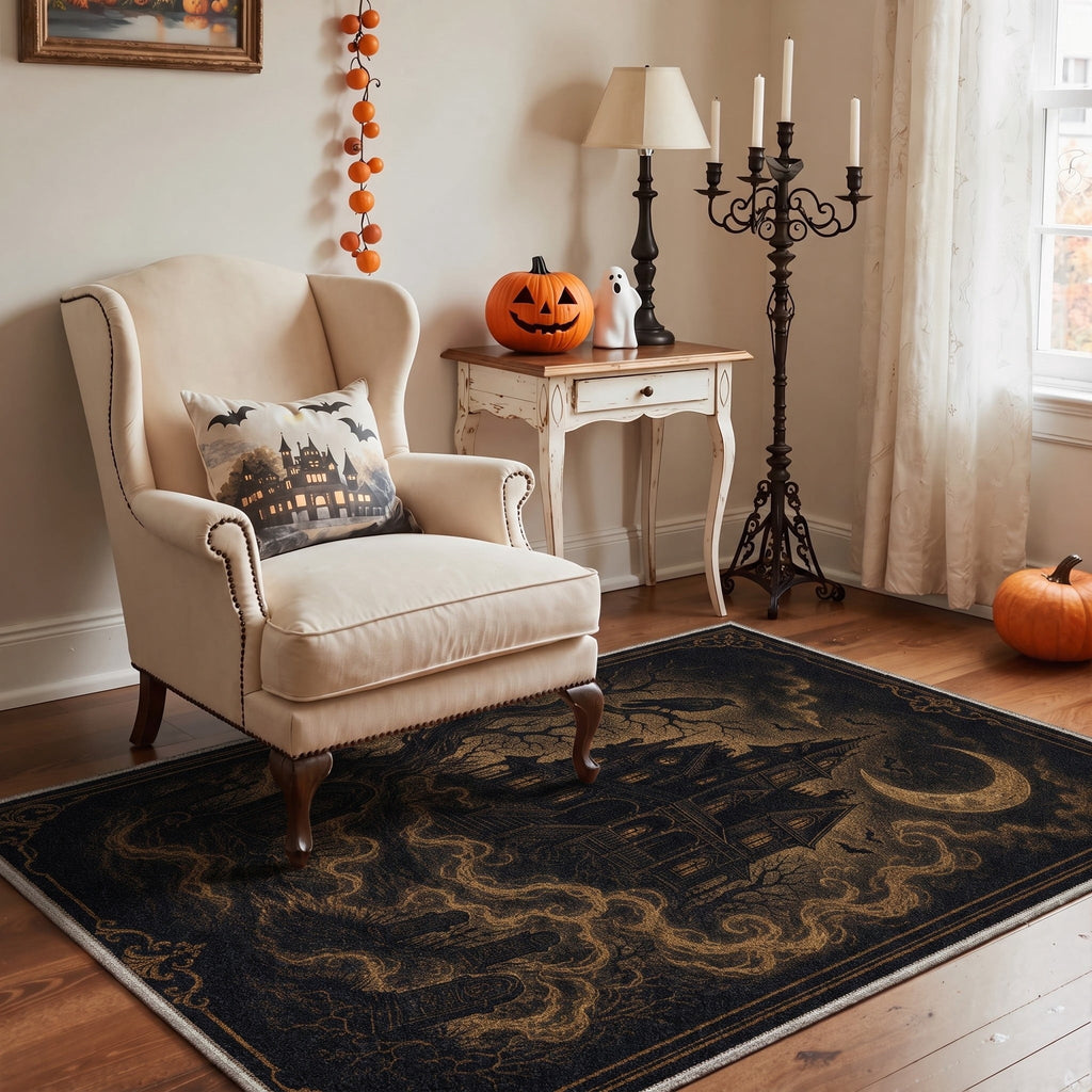 GENIMO 5'x7' Halloween Area Rug for Living Room, Washable Non Slip Soft Vintage Witch Indoor Rug for Bedroom Dining Room Home Office, Retro Sepia