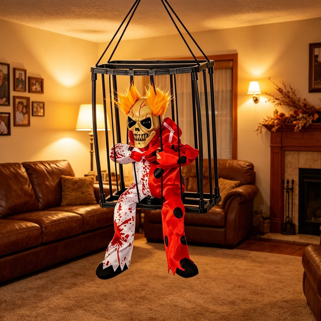 Sahpxhe Halloween Decorations Hanging Ghost Decor, Animated Shaking Caged Skeleton Prisoner with Glowing Red Eyes for Indoor Living Room Party Decor Watermelon Red