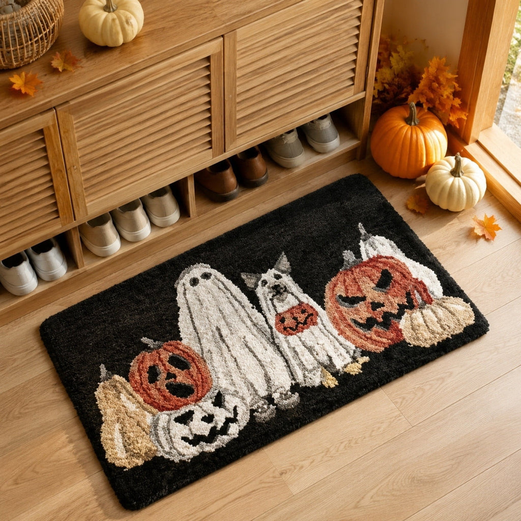 Halloween Wreath Shaped Rugs, Soft Indoor Mat for Entryway, Kitchen, Halloween Party, Pumpkin Witch Spooky Home Decor, 23.62x15.75 Inches