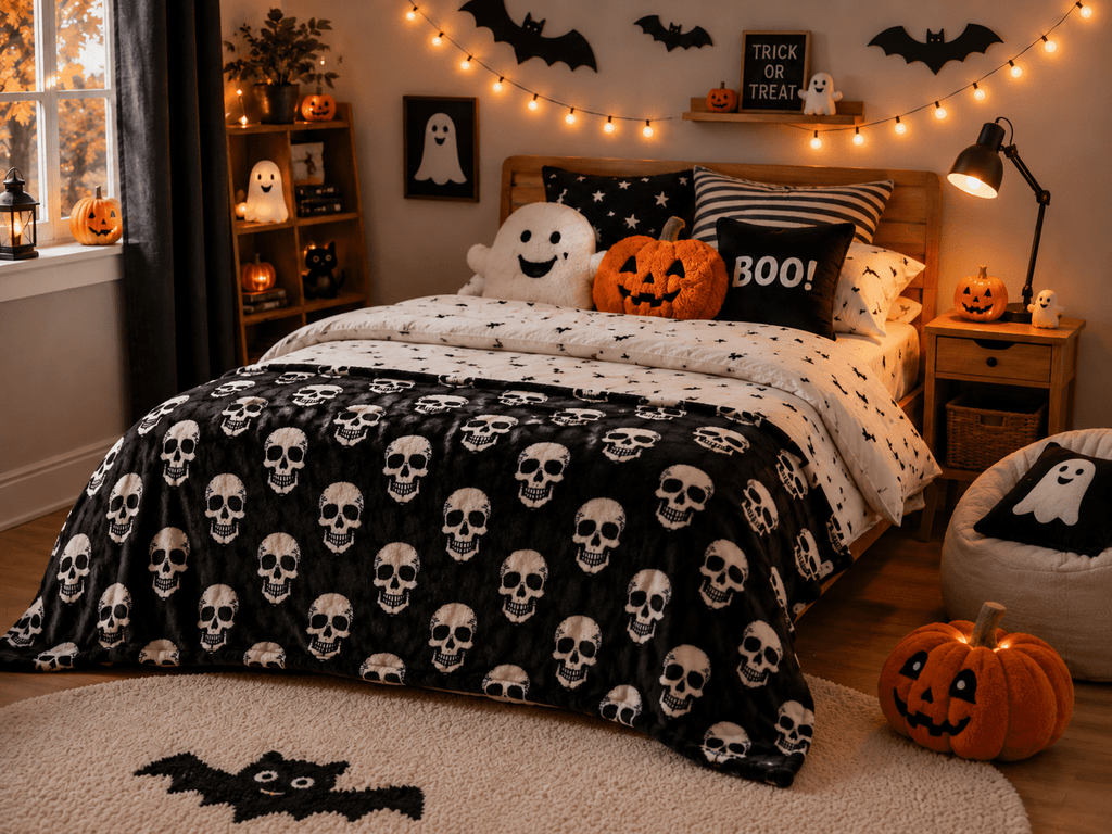 Serafina Home Halloween Throw Blanket: Fuzzy Boo! Jack O'Lantern Spider Webs Skull and Black Cats Print on Velvet Fleece for Sofa Bed Couch Chair Dorm