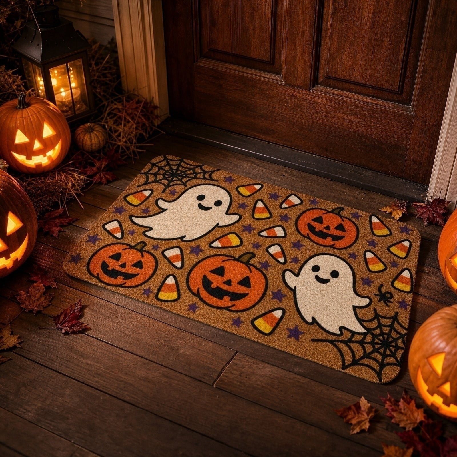 OutmaxHome Halloween Theme Cute Ghost Print Doormat, 15.8x23.6 Inch Non-Slip Absorbent Mat, Easy to Clean, for Front Door, Porch, Farmhouse
