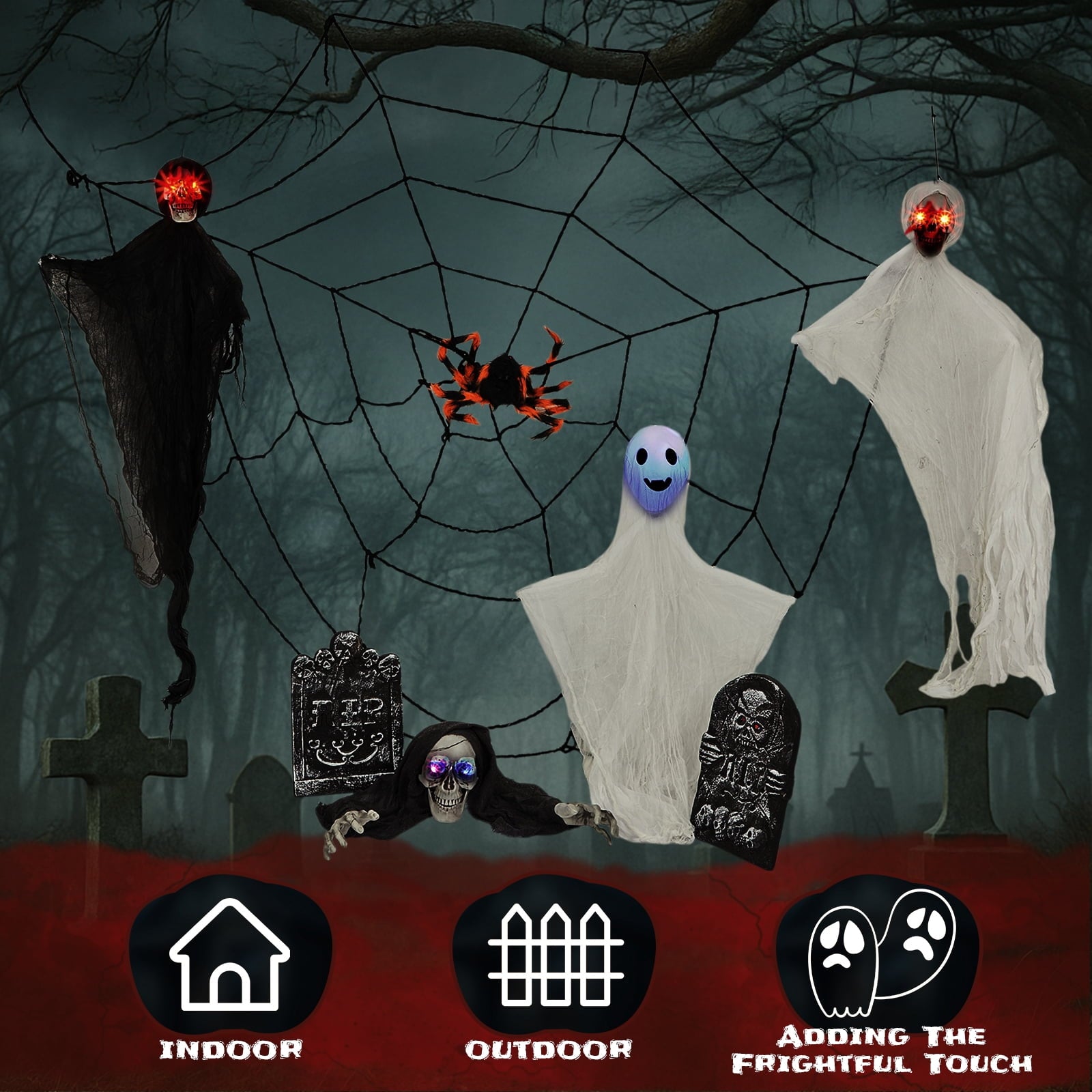 Ktaxon 4ft Halloween Outdoor Decoration Ghost Set Hanging Animated Decoration 8pcs Creepy Set w/ Pre-Recorded Screaming