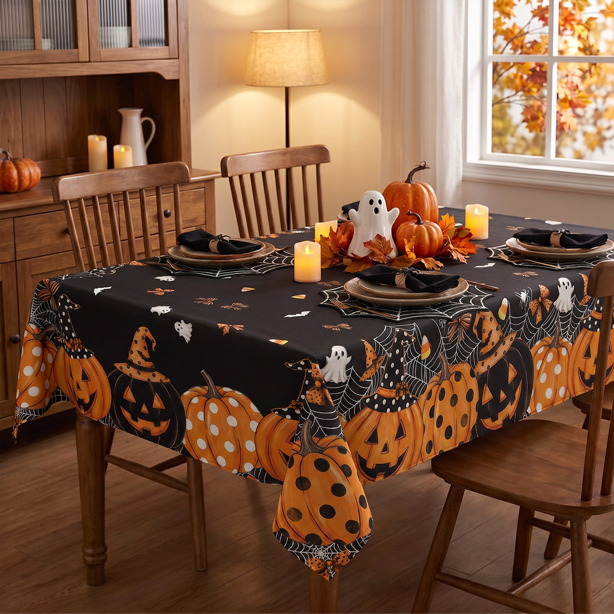 Sm:)e Ghost Bat Pumpkin Spider Web Halloween Tablecloth 60x84 Inch, Wrinkle-Resistant & Machine Washable Table Cover for Dining Decor, Rectangle