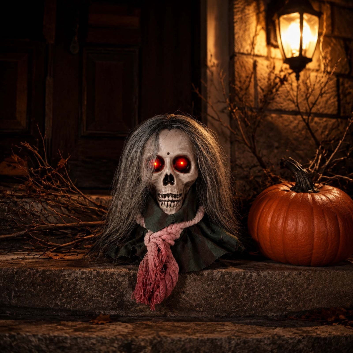 Animated Walking Skull Head with Light-Up Red Eyes Creepy Moving Halloween Prop with Long Grey Hair Horror Music Motorized Resin Decoration for Party Yard Indoor Outdoor Spooky Decor Gift