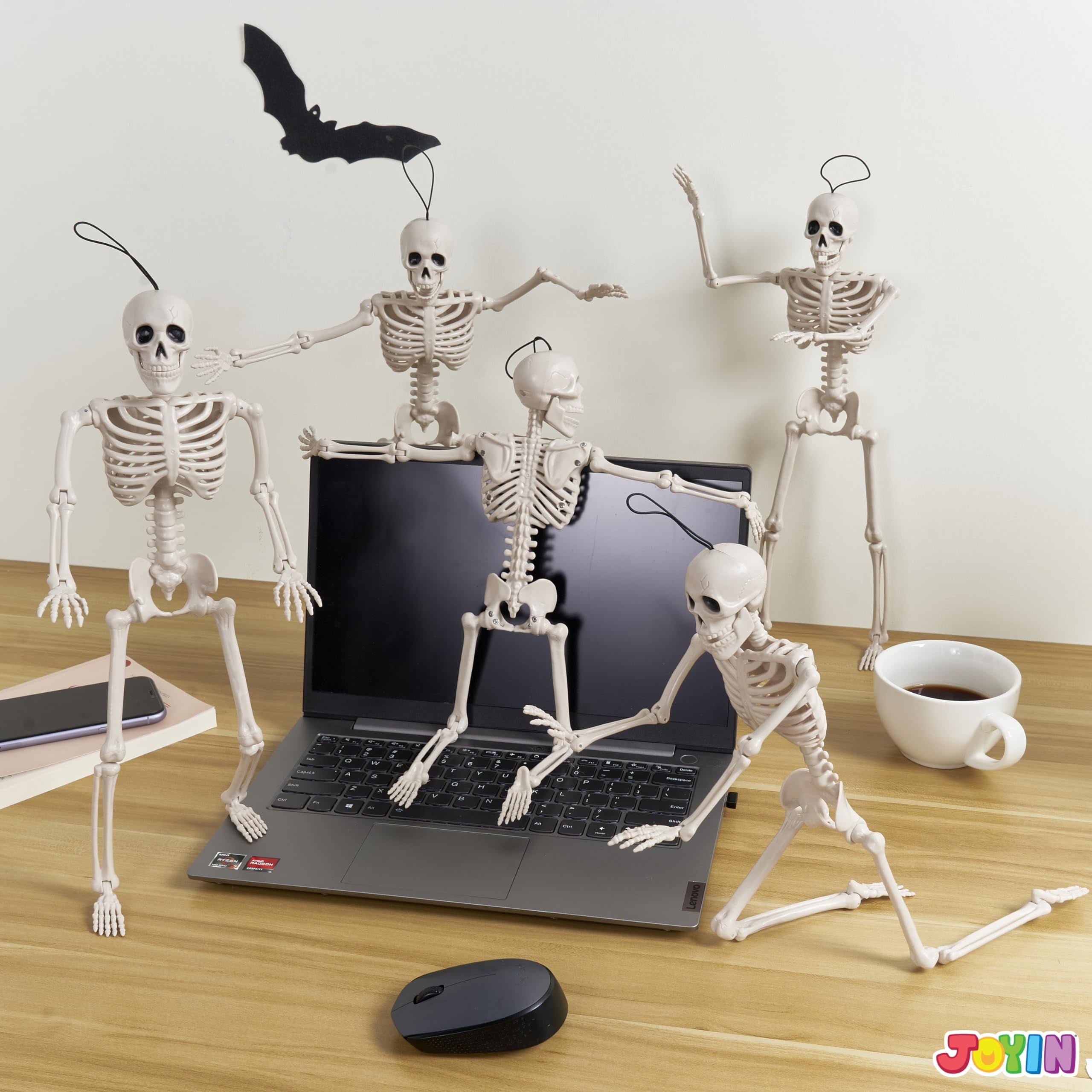 Joyfy 5 Pcs Halloween Skeleton Decorations,16 inch Full Body Poseable Skeleton with Movable Joints for Halloween Indoor Outdoor Party,Graveyard,Haunted House Accessories,White