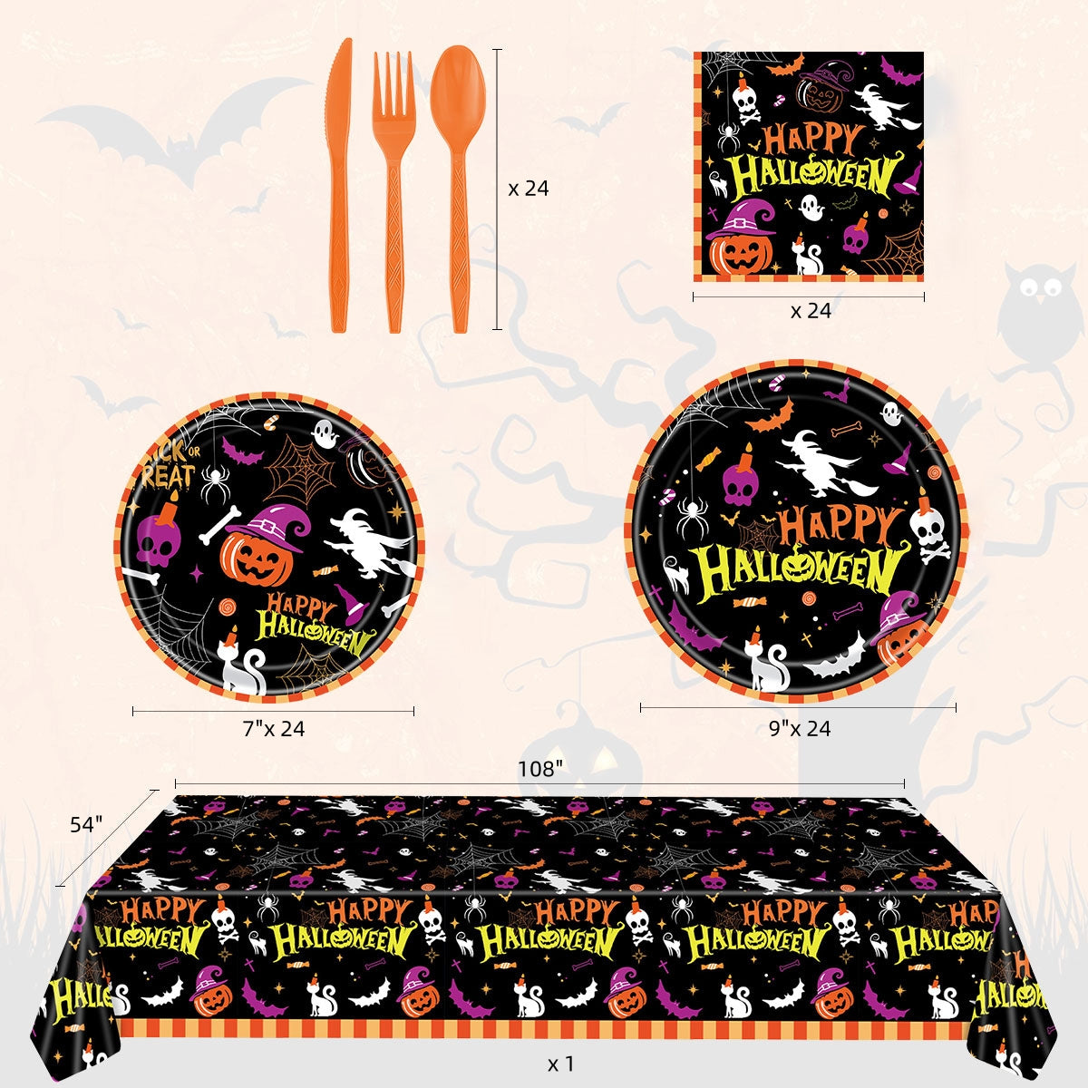 Halloween Paper Plates for Halloween Party Decoration Disposable Cups Napkins Table Cover for Halloween Banner Birthday Party Supplies Serve 20 Design 3