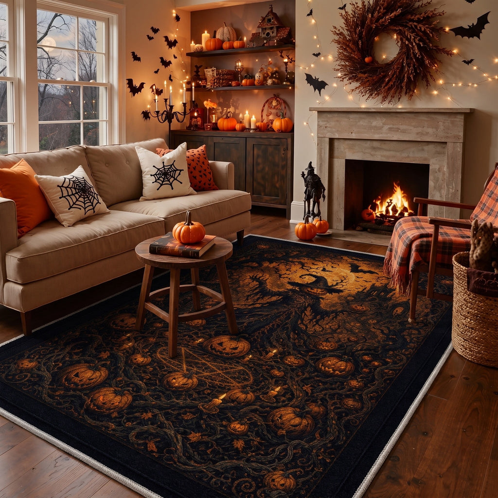 GENIMO 2'x7' Halloween Runner Rug, Washable Non Slip Soft Gothic Raven Indoor Outdoor Hallway Runner for Porch Patio Kitchen Entryway, Rust Orange