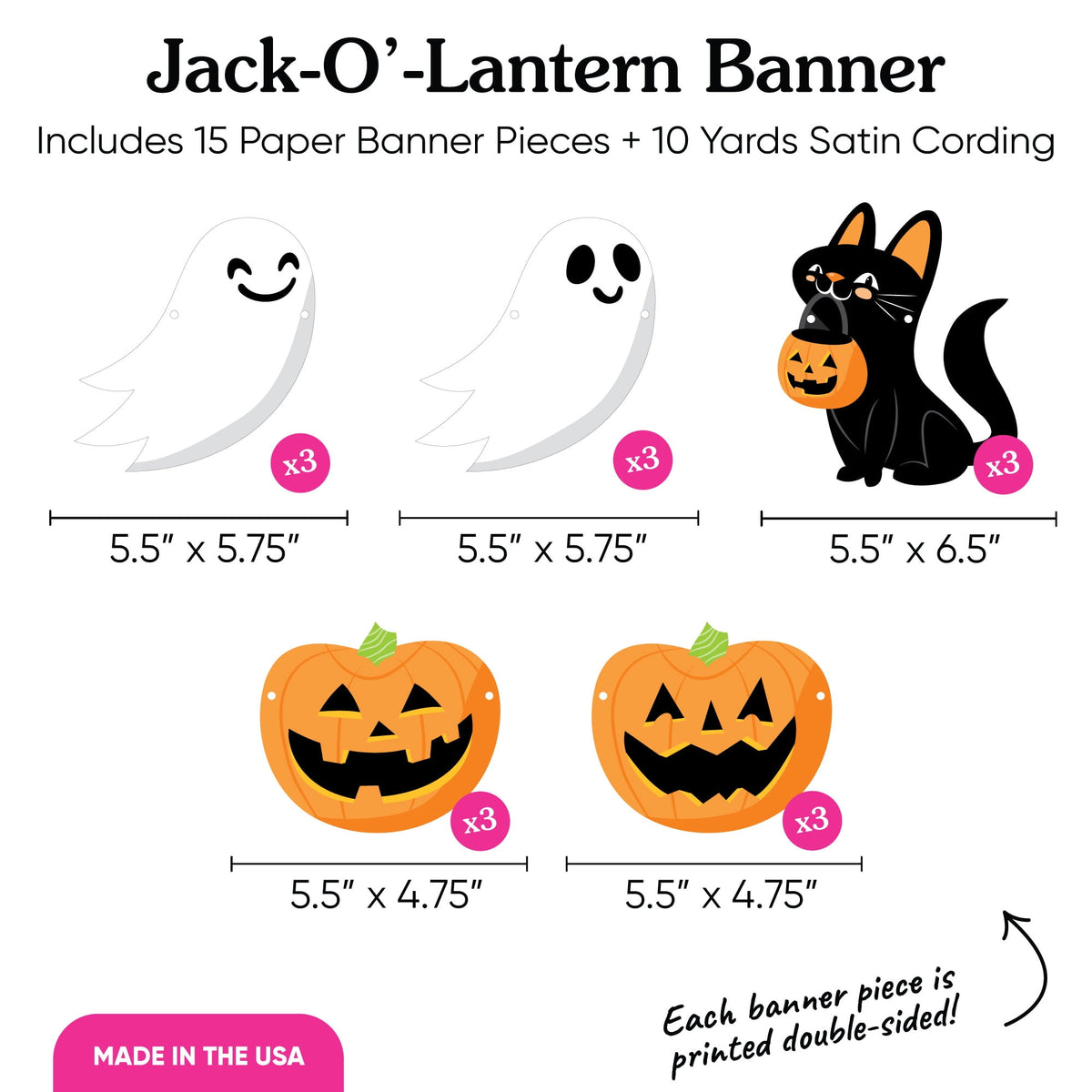 Big Dot of Happiness Jack-O'-Lantern Halloween Garland Banner, Party Decor Backdrop, 30 Feet of Cord, 15 Paper Ghost, Pumpkin, and Black Cat Shapes