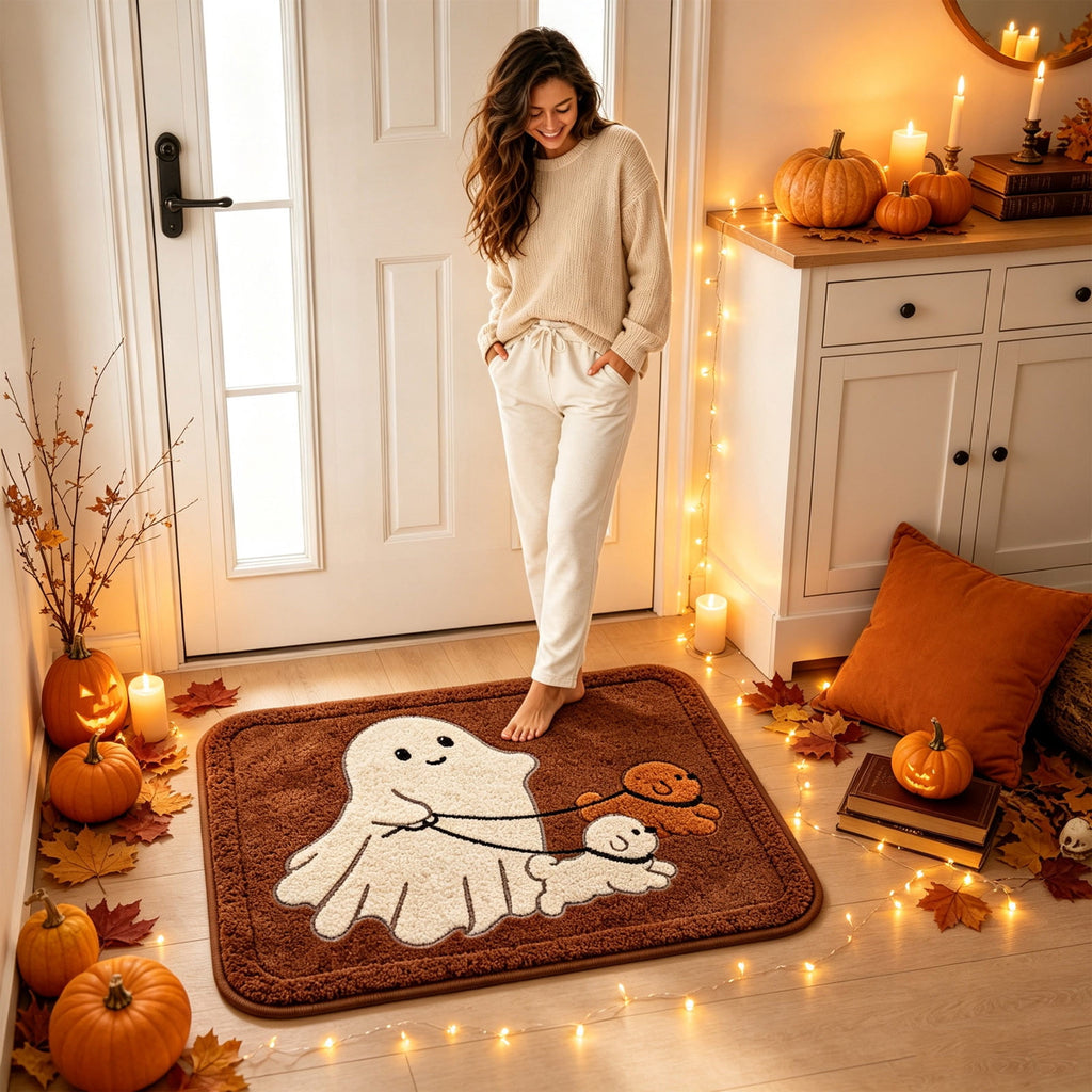 BZPIZ Halloween Door Mat for Front Door, 15.75"×23.62" Cute Ghost with Dogs Doormat Outside Entrance, Ghost Fall Decor for Porch and Entryway, Indoor & Outdoor Use