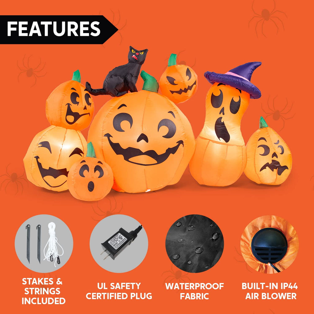 Joyfy 7 ft Halloween Inflatable Long Pumpkin with Witch's Cat Decorations Inflatables with Build-in LEDs,Halloween Decor Outdoor Blow Up Yard Decorations