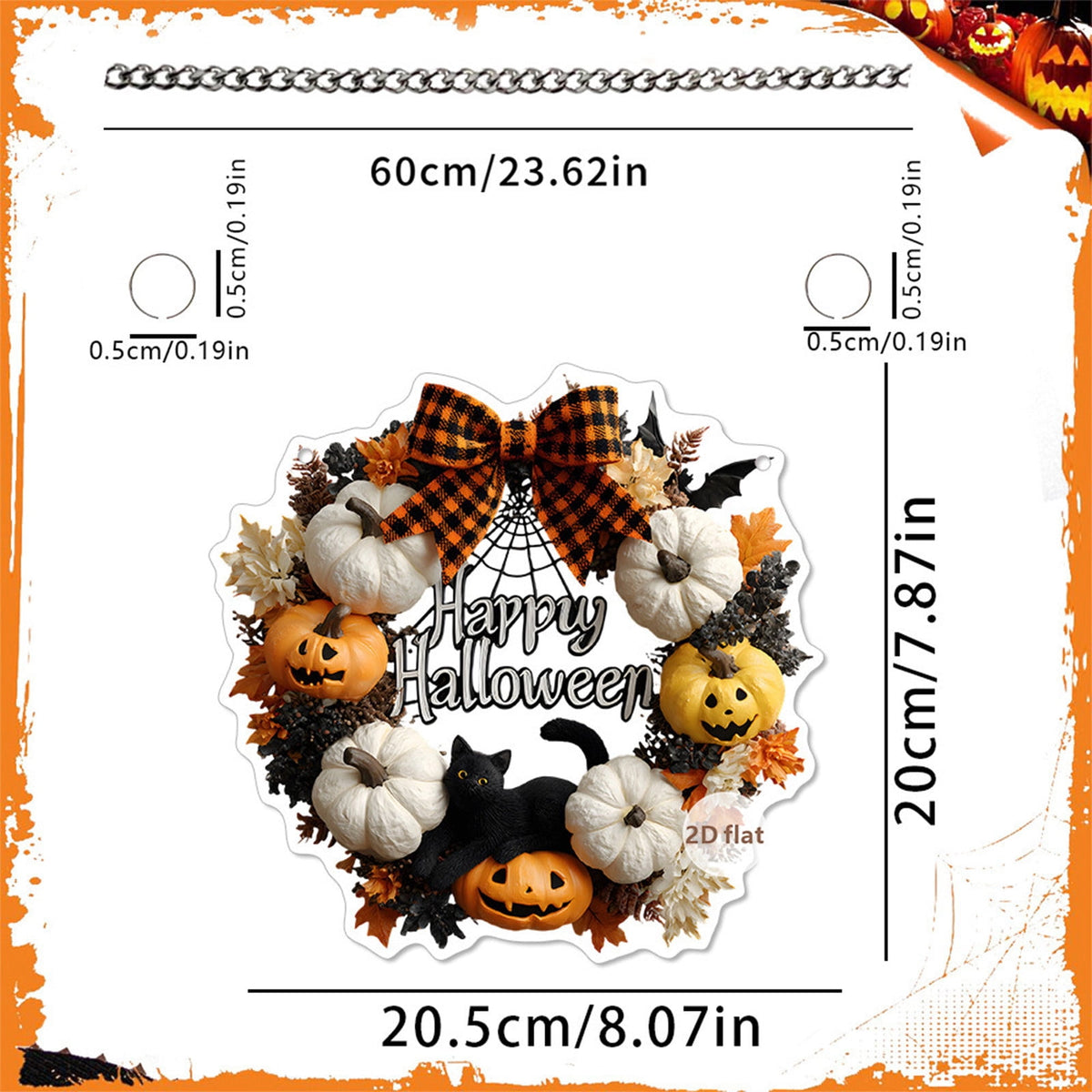 Btomtd Diameter 8" Pumpkin Skull Wreath Halloween Decor Acrylic Round Disk Hanging Ornament with Garland for Front Door Window, B