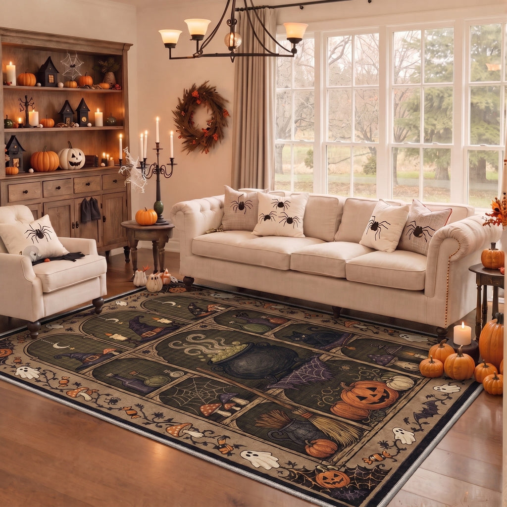 GENIMO 5'x7' Halloween Area Rug for Living Room, Washable Non Slip Soft Farmhouse Pumpkin Indoor Rug for Bedroom Dining Room Home Office, Vintage Sepia