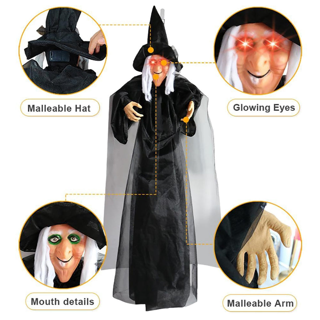 BinKFF Life Size Hanging Talking Witch - Animated Halloween Witch with Sound Activation and Red Eyes for Outdoor & Indoor Decor - Flying Animatronic Witch for Halloween Decorations