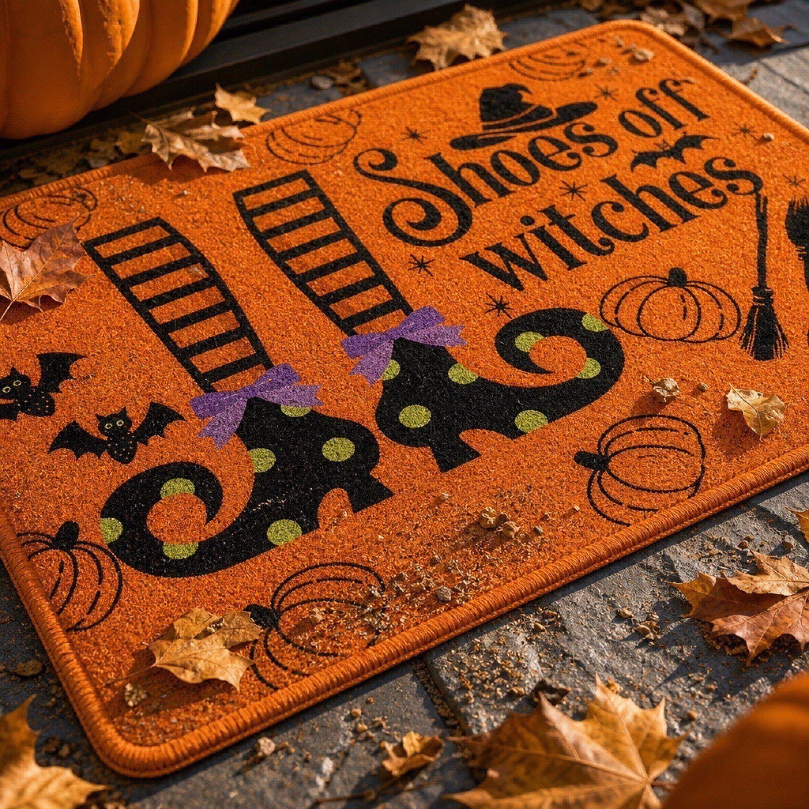 Halloween Heart Print Doormat 60x40cm, Black Orange Spooky Entry Mat for Front Door, Non-Slip Indoor Outdoor Rug