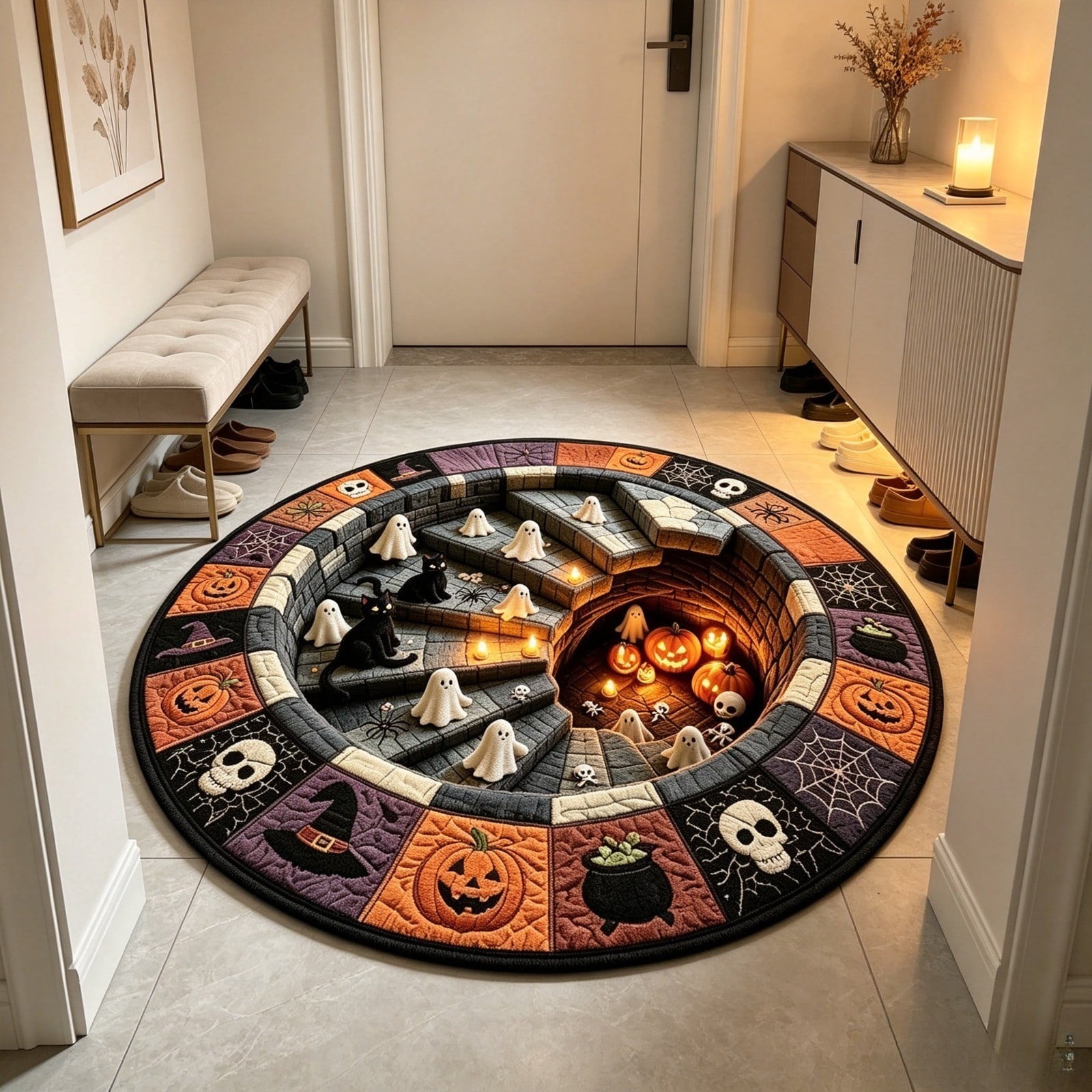 Halloween Wreath Shaped Rugs, Soft Indoor Mat for Entryway, Kitchen, Halloween Party, Pumpkin Witch Spooky Home Decor, 23.62x15.75 Inches