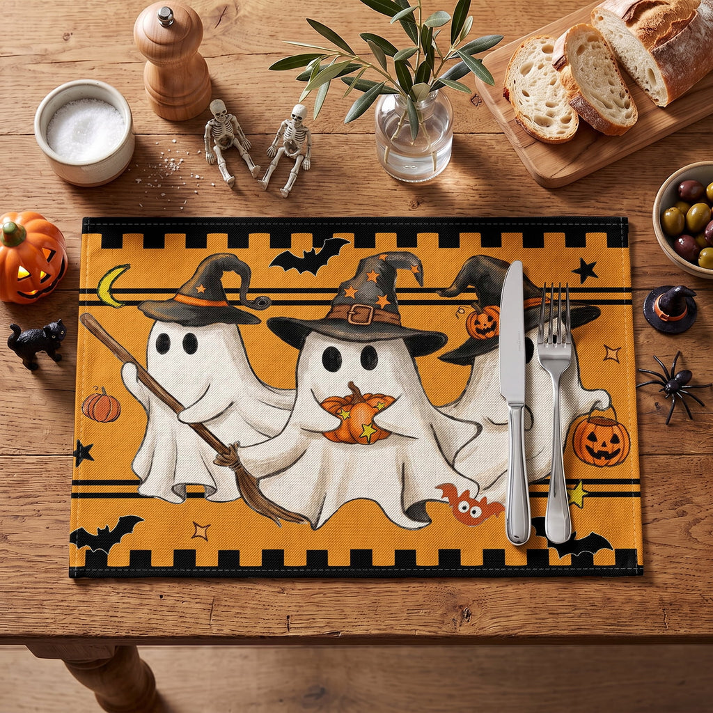 Smile Jack-O'-Lantern Spider Web Halloween Table Placemats Set of 4 Round 15 Inch Black