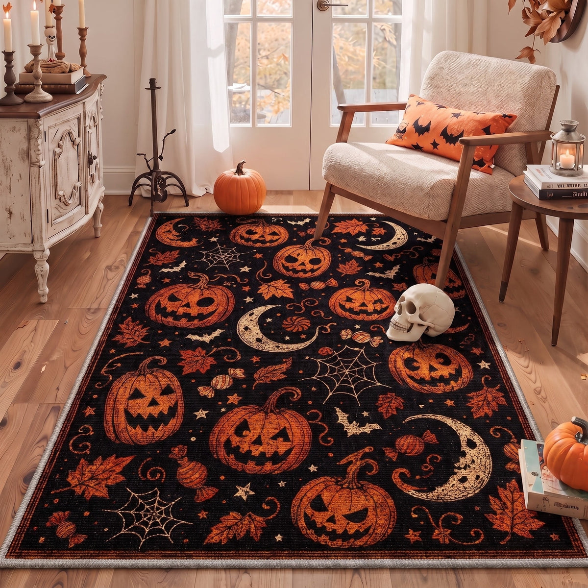 GENIMO 5'x7' Halloween Area Rug for Living Room, Washable Non Slip Soft Vintage Witch Indoor Rug for Bedroom Dining Room Home Office, Retro Sepia