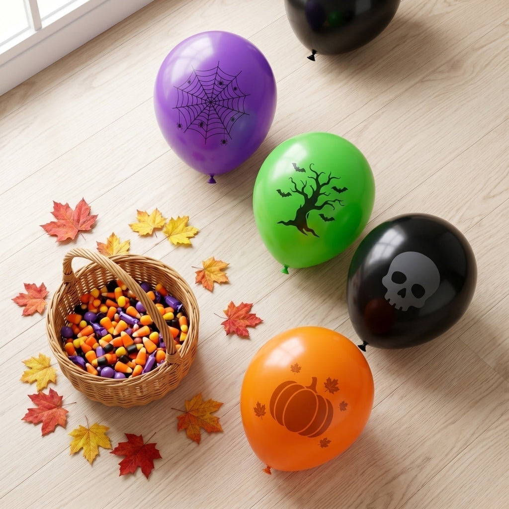 Halloween Balloons, Random Assorted Color Spooky Print, 100 Count Latex Decorations, for Halloween Party Indoor Outdoor Home Haunted House Trick or Treat Event Themed Celebration Decor Use