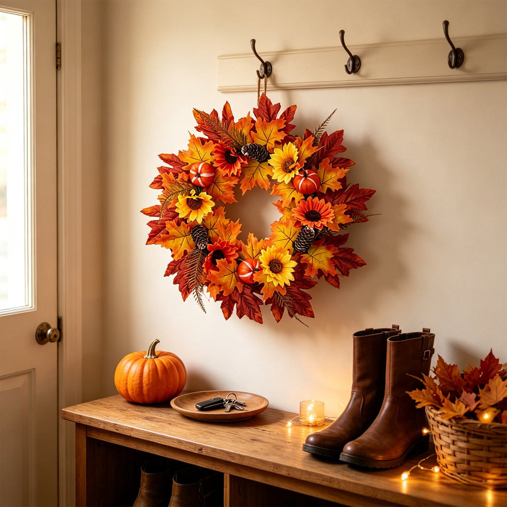 HOARBOEG Handmade Wrought Iron Maple Leaf Wreath, Thanksgiving Rudolph Fall Harvest Door Hanging, Orange Metal Autumn Wreath with Berries, Garden Wall Decor, 15.75 in