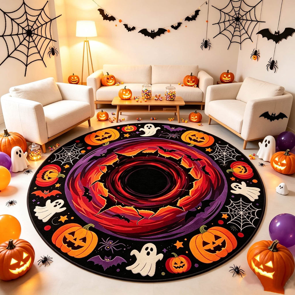 Halloween Round Rug Optical Ghost Pumpkin Mat 15.75in Diameter Polyester Skidproof & Soft for Entryway Bedroom Party by MPOISVA