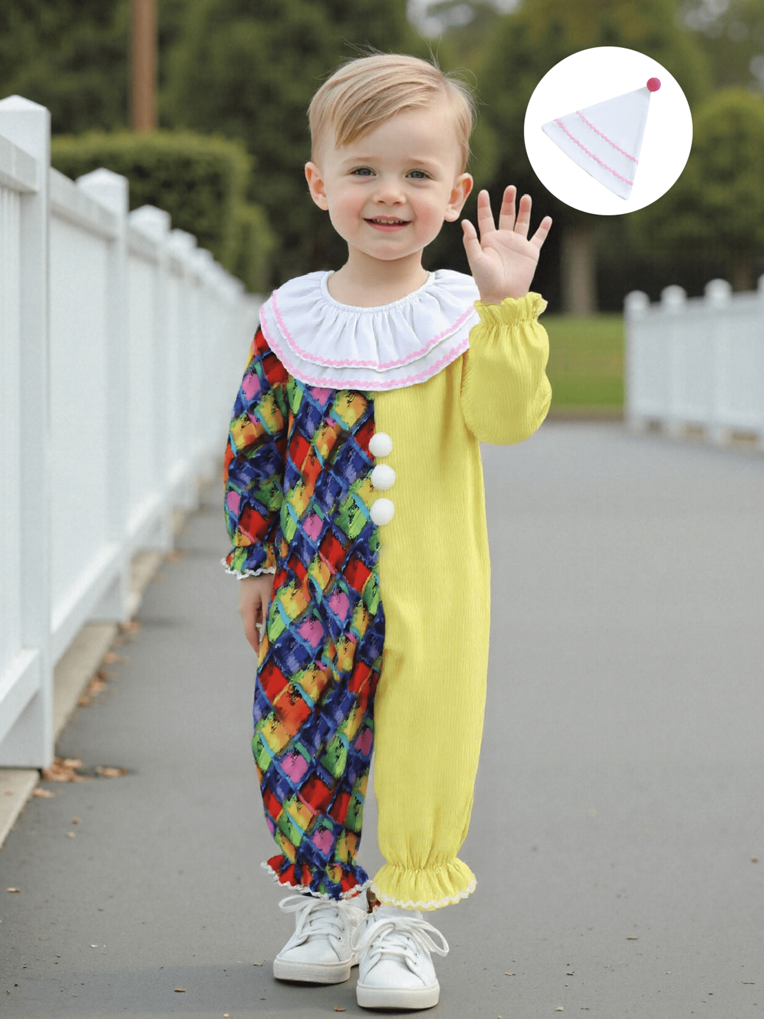 RUINIXCW Kids Toddler Baby Girl Boy Halloween Outfit Clown Costume Infant Baby Girl Boy Romper Birthday Photoshoot Outfit Contrast Color Long Sleeve Jumpsuit Hat