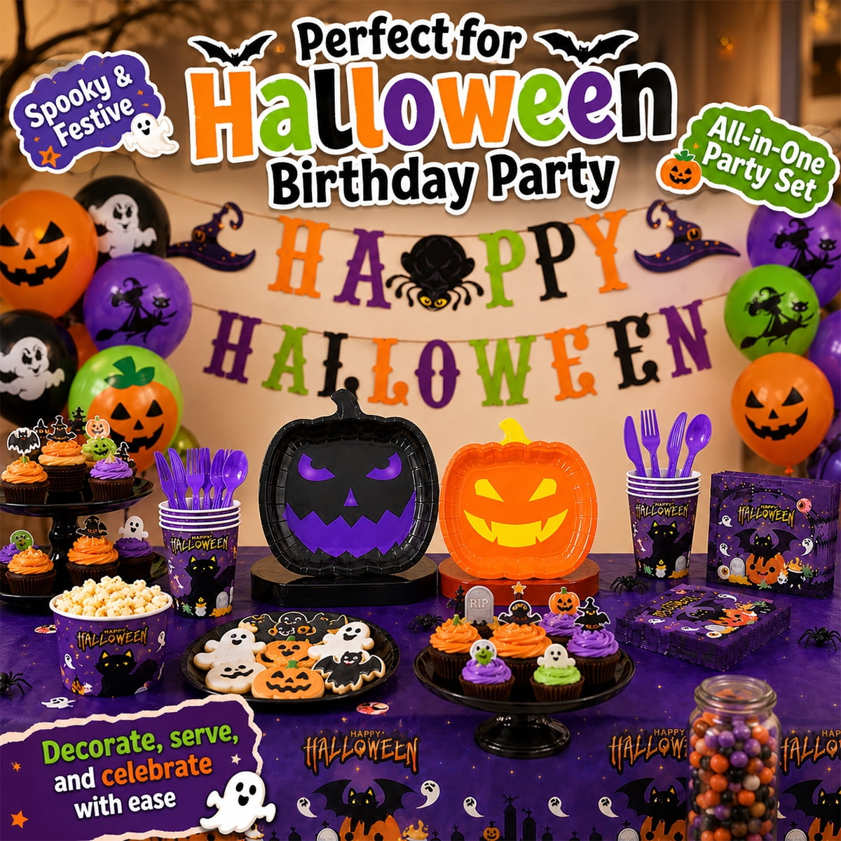 Halloween Paper Plates for Halloween Party Decoration Disposable Cups Napkins Table Cover Balloons Banner for Halloween Birthday Party Supplies Serve 20 Design2