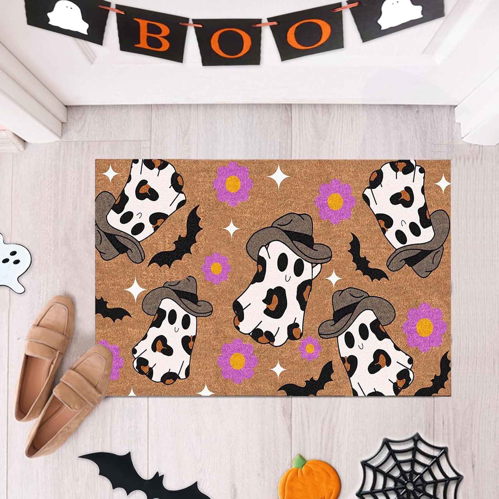 Ghost Cowboy Doormat for Halloween, Halloween Decroation Rug, Boo Doormats Washable Fall Door Mats Spooky Door Decor for Outside Patio Floor Entry Porch Garage Office