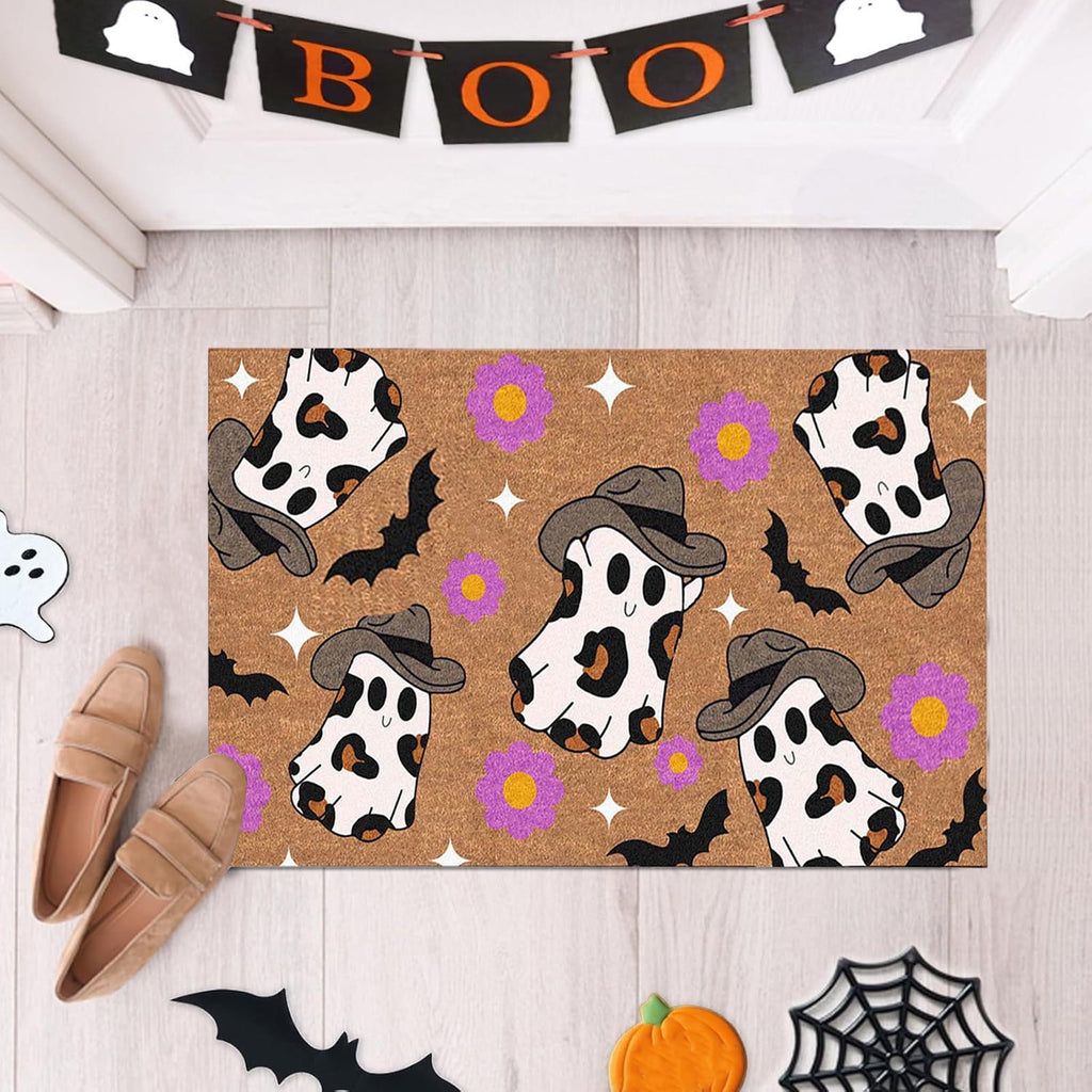 Holloyiver Halloween Fall Doormat, Cowboys Ghost Non Slip Outdoor Mat, Halloween Decorative Floor Mats, Welcome Ghost Coir Doormats Front Porch Rugs for Indoor Layering Entryway Decor