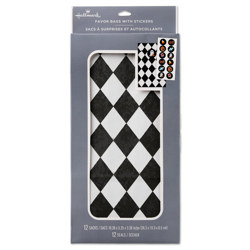 Hallmark Halloween Goodie Bags With Stickers (Black Checkered), 12 Count