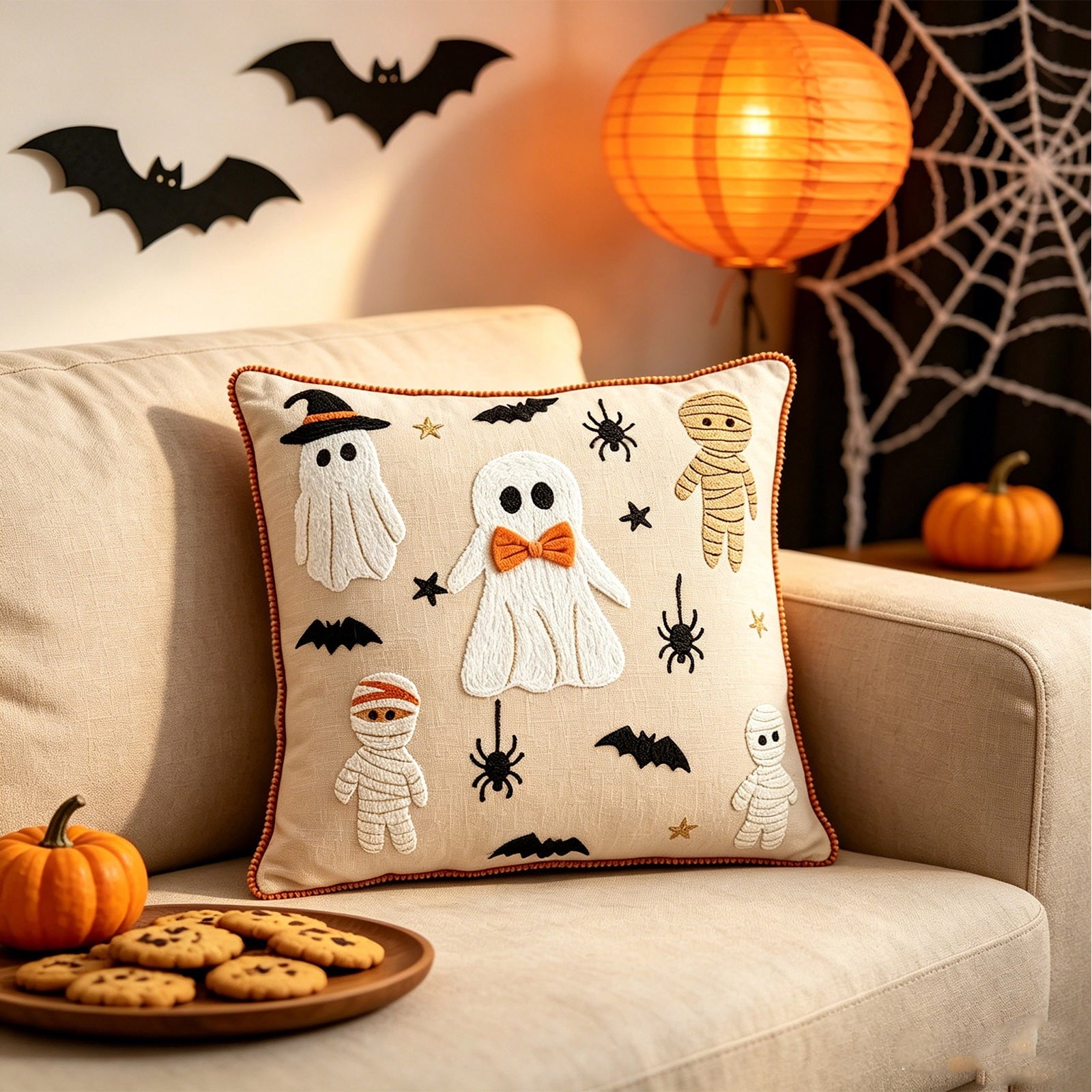 Yeciiwht Halloween Throw Pillow Cover – 18*18inch Embroidered Linen Cushion Case with Ghost, Mummy & Bat Designs, Invisible Zipper, Machine Washable