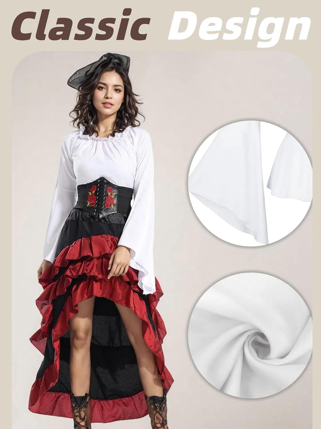 2026 Halloween Pirate Costume Women, Fancy Dress Cosplay Costumes Set with Renaissance Pirate Shirt Skirt Corset Waist Belt