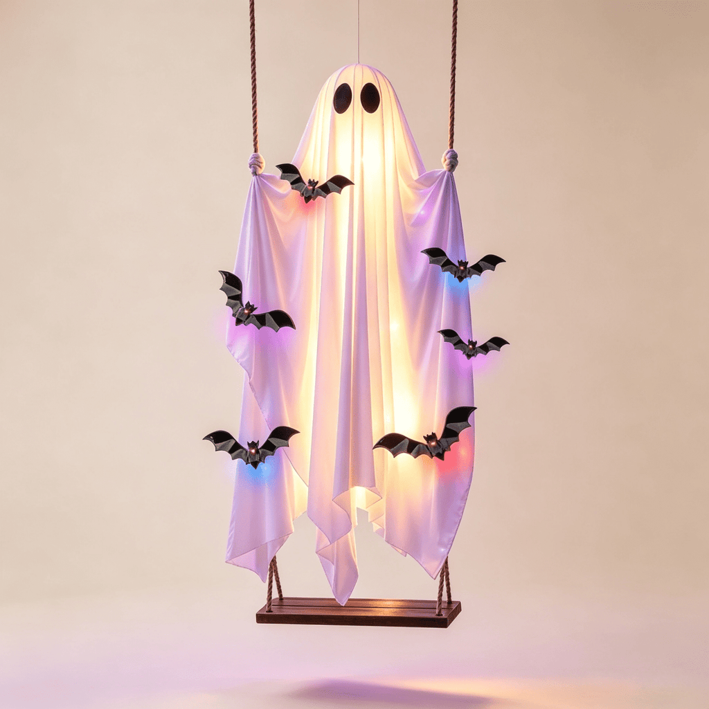 Halloween Decorations Outdoor - 5 FT Large Hanging Swing Ghost Halloween Decor with String Lights, Spooky Cute Ghosts Decorations for Front Porch Yard Tree