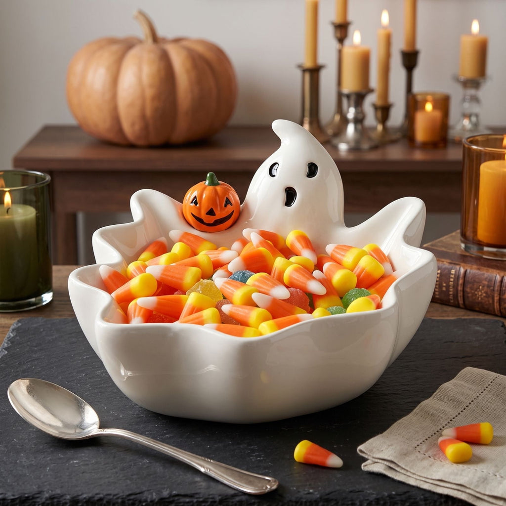 Diceymbol Halloween Pumpkin Snack Bowl Stand Collapsible Broomstick Candy Tray for Cupcakes & Desserts, Resin Serving Platter with Ceramic Pumpkin Bowls