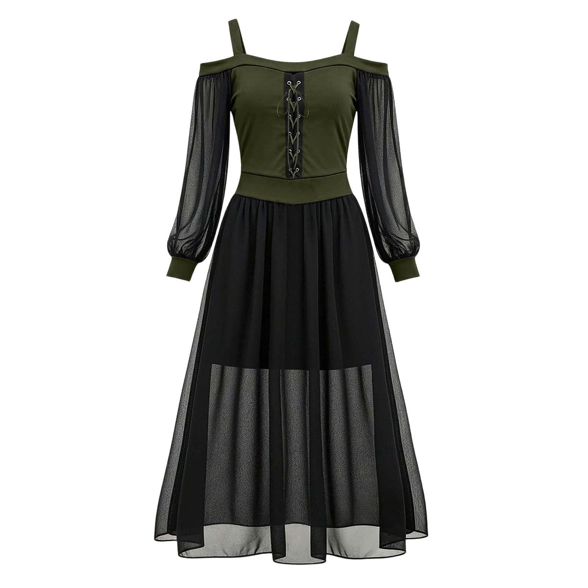 JOANKDMI Women's Gothic Midi Dress Elegant Vampire Costume Cold Shoulder Sheer Long Sleeve Lace-up Corset for Roleplay Halloween Party Outfit Chic, S-3XL